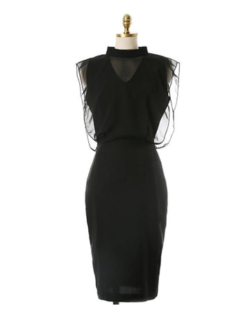 Vestidos de noche midi sueltos sin mangas de gasa calada transparente con abertura en la entrepierna, cremallera y cuello alto 