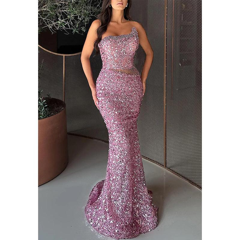 Robe de soirée trompette à paillettes, bustier, perles 