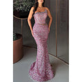 Robe de soirée trompette à paillettes, bustier, perles 