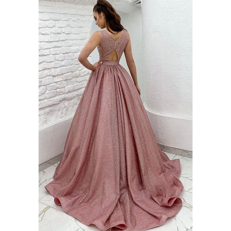 Vestido de fiesta de tul rosa brillante con escote en V pronunciado y bolsillos 