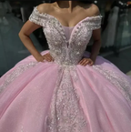 Vestido de quinceañera rosa con hombros descubiertos, apliques y cuentas, vestido de baile, vestido de princesa para quinceañera Sweet 16 Y7464