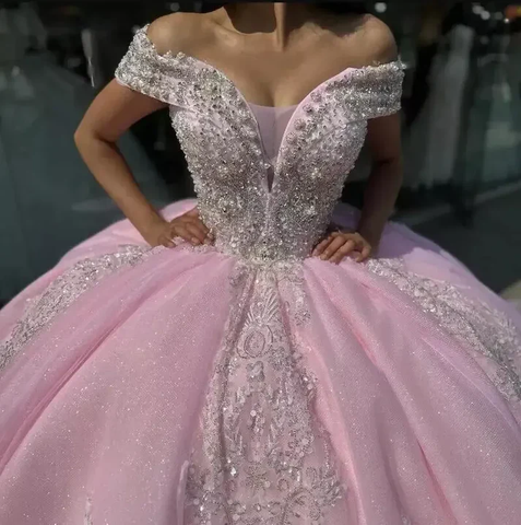 Robe de Quinceañera rose à épaules dénudées, ornée d'appliques et de perles, robe de bal pour les 16 ans, robe de princesse pour Quinceañera Y7464