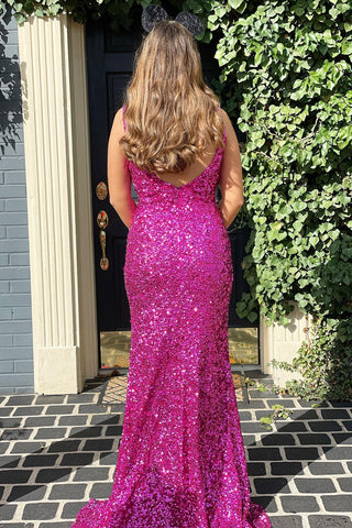 Robe de bal longue sirène à sequins fuchsia et col en V