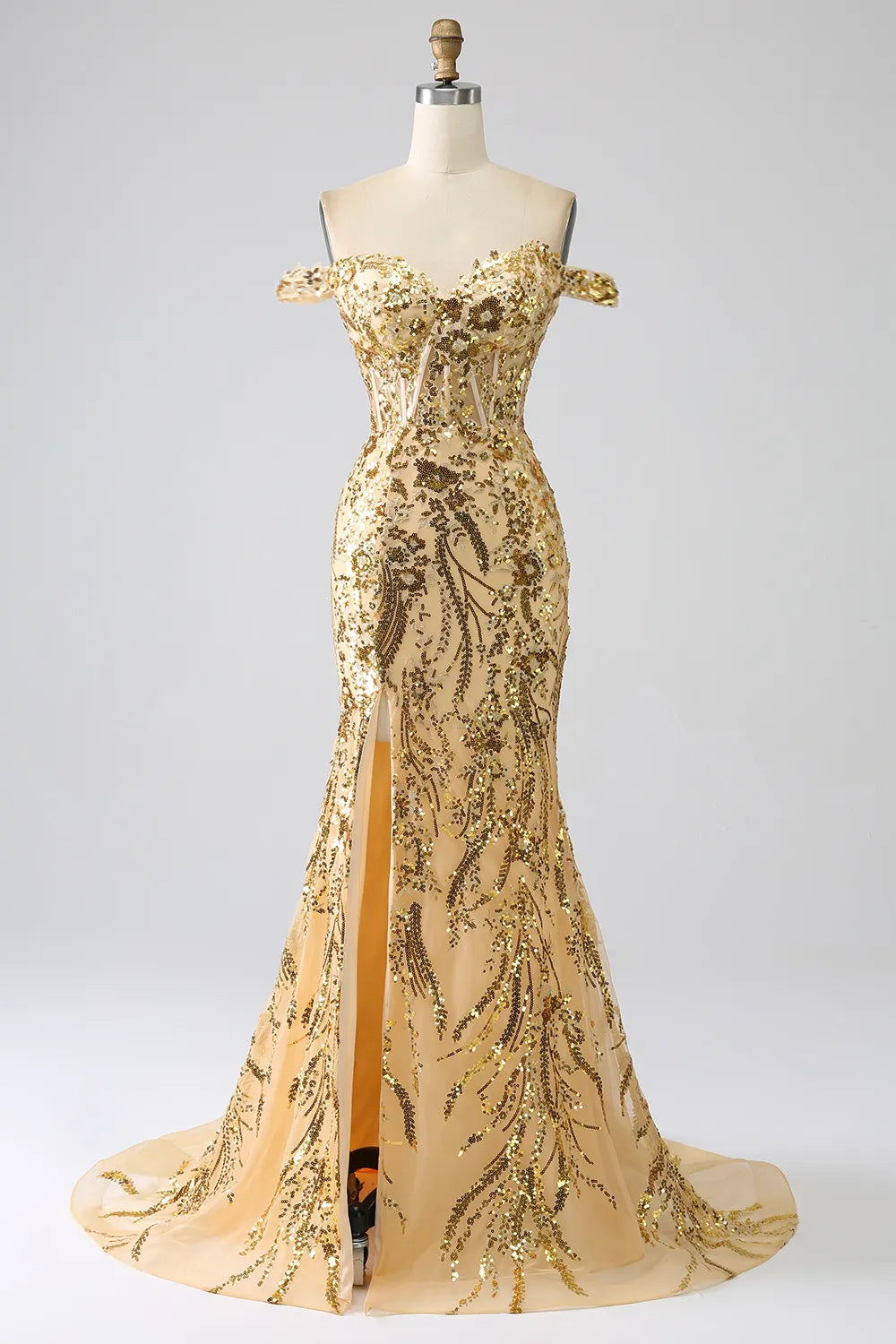 Vestido largo de fiesta de sirena con lentejuelas brillantes, hombros descubiertos y abertura.