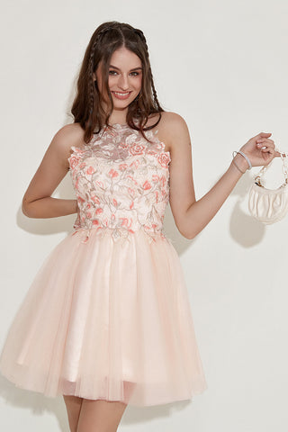 Champagne Halter Homecoming Dress with Embroidery