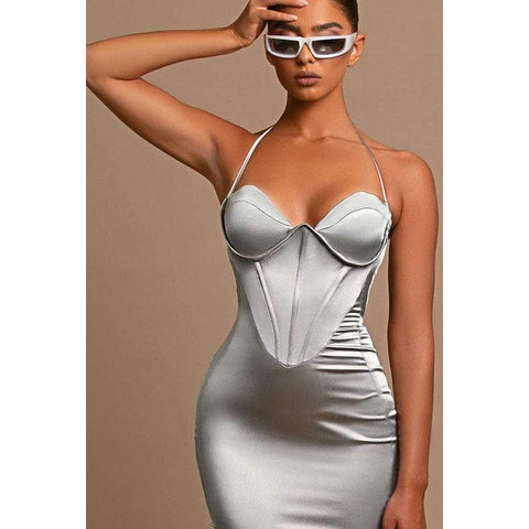 Sweetheart Halter Sheath Satin Long Prom Evening Dress