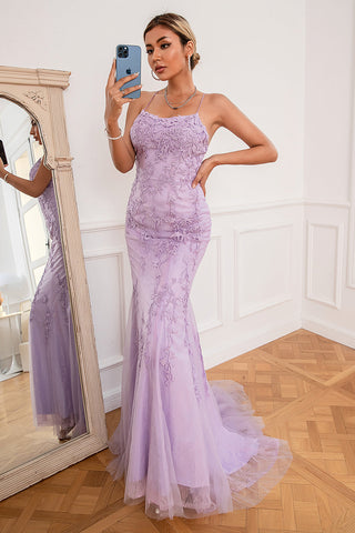 Robe de bal longue sirène violet clair avec appliques