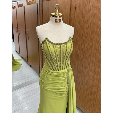 Sheath/column Strapless Beads Long Formal Evening Dress with Slit