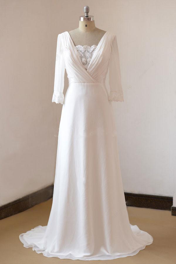 Robe de mariée longue trapèze en mousseline dos nu avec manches, style plage