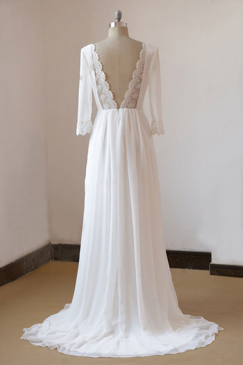 Robe de mariée longue trapèze en mousseline dos nu avec manches, style plage
