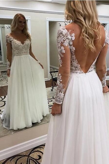 Robe de mariée longue trapèze en tulle, dos nu, col en V et manches, style plage