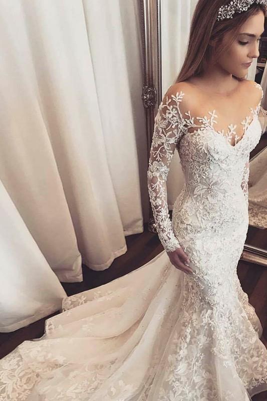 Robe de mariée sirène à manches longues en tulle et dentelle, style plage