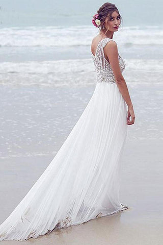 Vestido de novia sexy para boda en la playa, corte A, escote en V, cola corta, modelo WD526