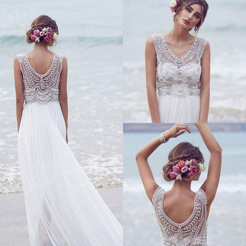 Vestido de novia sexy para boda en la playa, corte A, escote en V, cola corta, modelo WD526