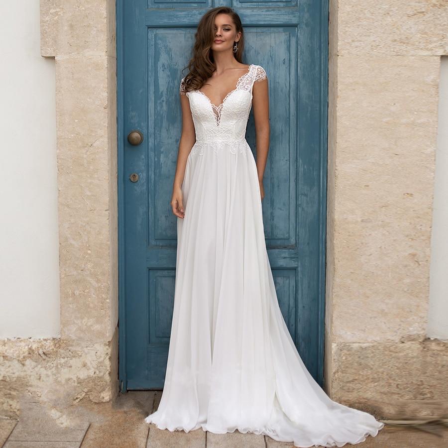 Baoleely White/Ivory Beach Wedding Dresses Plus Size Cap Sleeve V-neck Top Lace A-line Chiffon Robe De Mariage Boho Wedding Dress