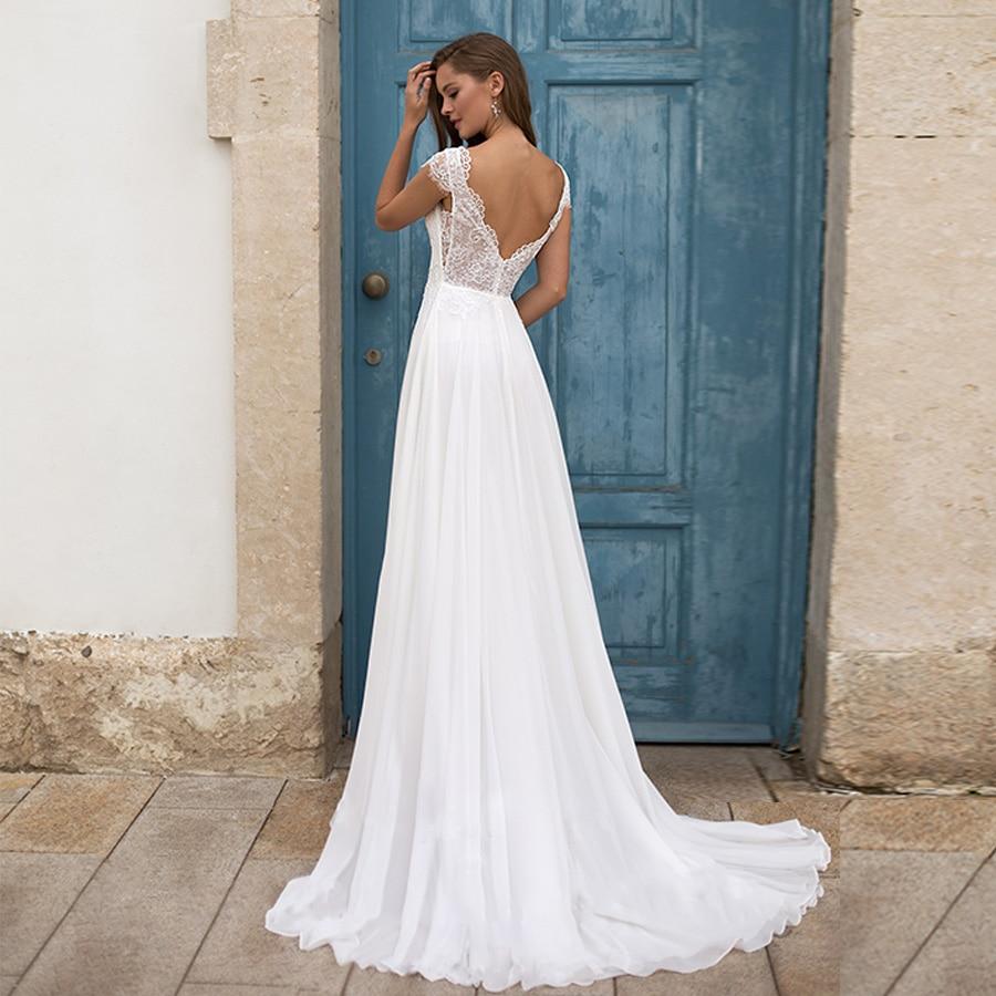 Baoleely White/Ivory Beach Wedding Dresses Plus Size Cap Sleeve V-neck Top Lace A-line Chiffon Robe De Mariage Boho Wedding Dress