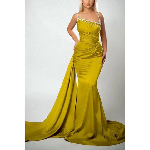 Vestidos de noche formales largos de sirena con pliegues y tirantes de cuentas 