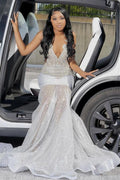 Beaded Silver Sleeveless V-Neck Mermaid Prom Dresses