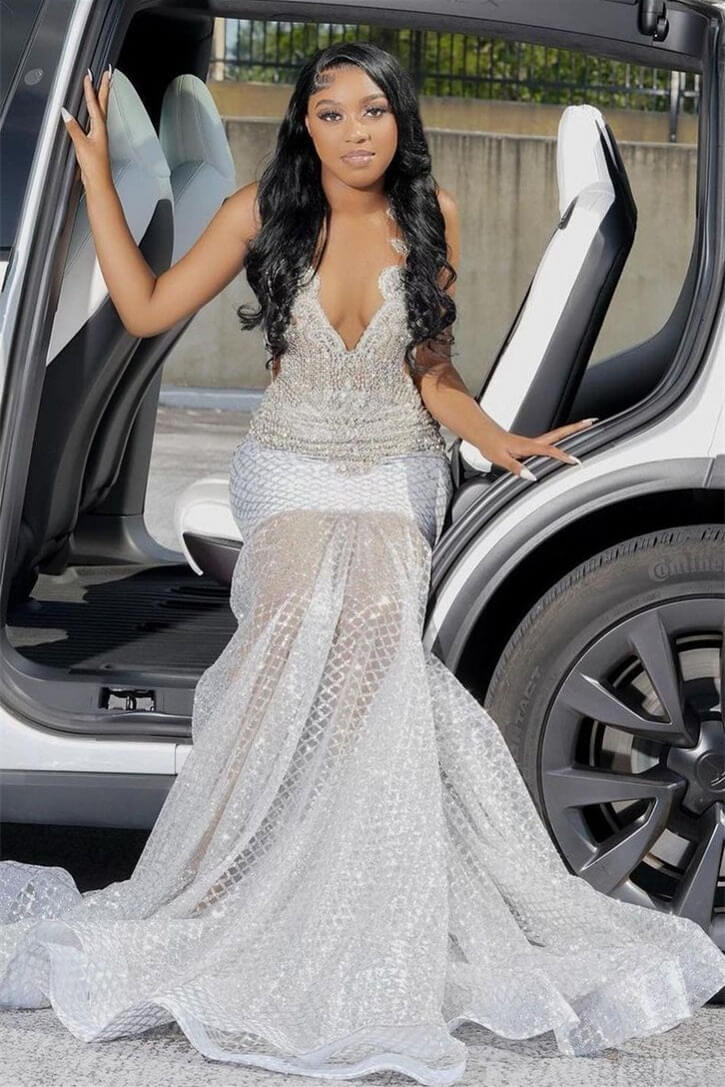 Beaded Silver Sleeveless V-Neck Mermaid Prom Dresses