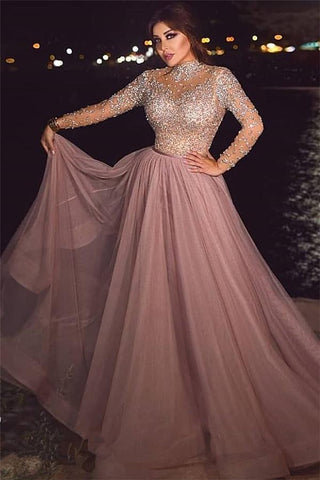Beading A-line High-neck Evening Dresses Long Prom Dress