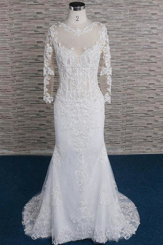 Vestidos de novia elegantes de sirena con mangas largas y apliques de cuentas 