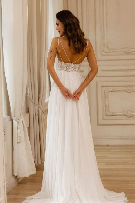 Magnifique robe de mariée blanche sans manches en dentelle, coupe trapèze, col en V et appliques