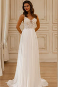 Magnifique robe de mariée blanche sans manches en dentelle, coupe trapèze, col en V et appliques