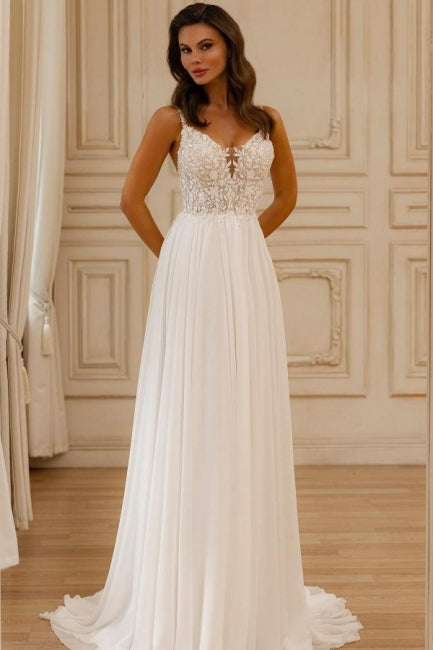 Magnifique robe de mariée blanche sans manches en dentelle, coupe trapèze, col en V et appliques