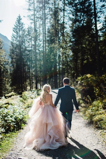 Magnifiques robes de mariée trapèze en tulle sans manches, dos nu et col en V, à col en V et coupe trapèze