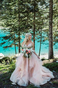 Magnifiques robes de mariée trapèze en tulle sans manches, dos nu et col en V, à col en V et coupe trapèze