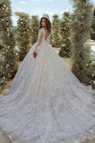 Magnifique robe de mariée en tulle à manches longues, coupe trapèze, col en V et applications de dentelle.