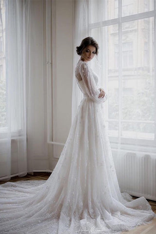 Magnifique robe de mariée blanche à manches longues et appliques en dentelle, coupe trapèze