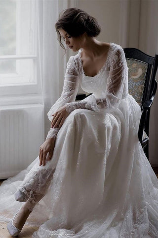 Magnifique robe de mariée blanche à manches longues et appliques en dentelle, coupe trapèze