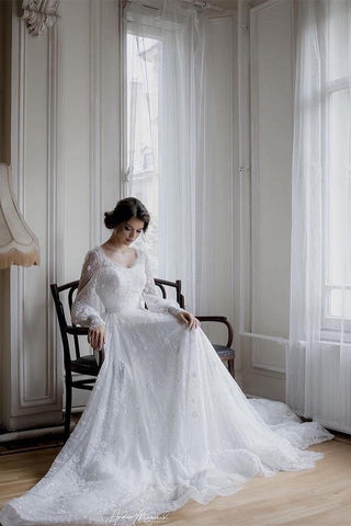 Magnifique robe de mariée blanche à manches longues et appliques en dentelle, coupe trapèze