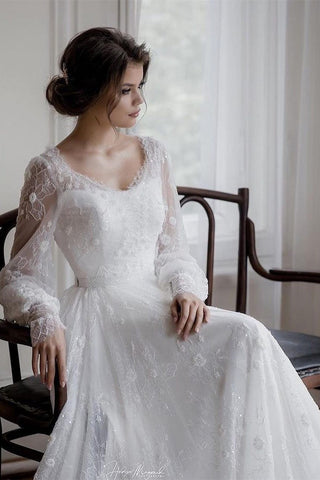 Magnifique robe de mariée blanche à manches longues et appliques en dentelle, coupe trapèze