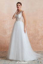 Beautiful Bateau Neck White Wedding Dress Sparkly Sequins Lace Bridal Gown