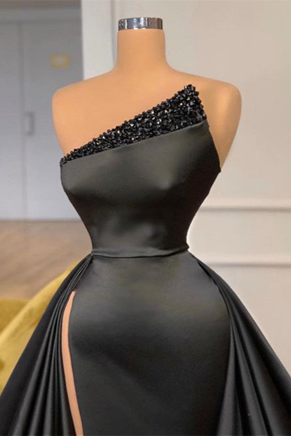 Beautiful Black A-line Satin Sleeveless Sequined Prom Dress With Slit