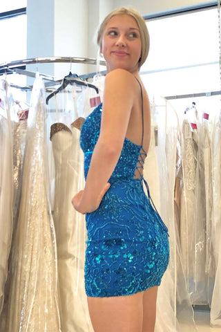 Beautiful Blue V-neck Spaghetti Straps Sleeveless Short Homecoming Dresses With Lace