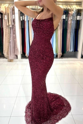 Beautiful Burgundy Long Sequined Mermaid Evening Dresses