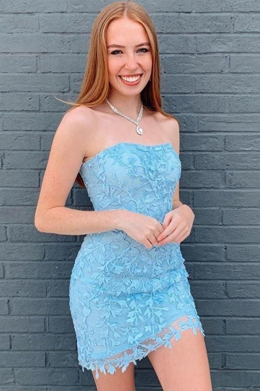 Beautiful Column Lace Strapless Sleeveless Short Prom Dresses