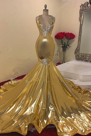 Beautiful Gold Beading V-neck Sleeveless Floor-length Mermaid Prom Dresses