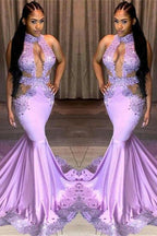 Beautiful Halter Sleeveless Sequins Appliques Lace Mermaid Prom Dresses