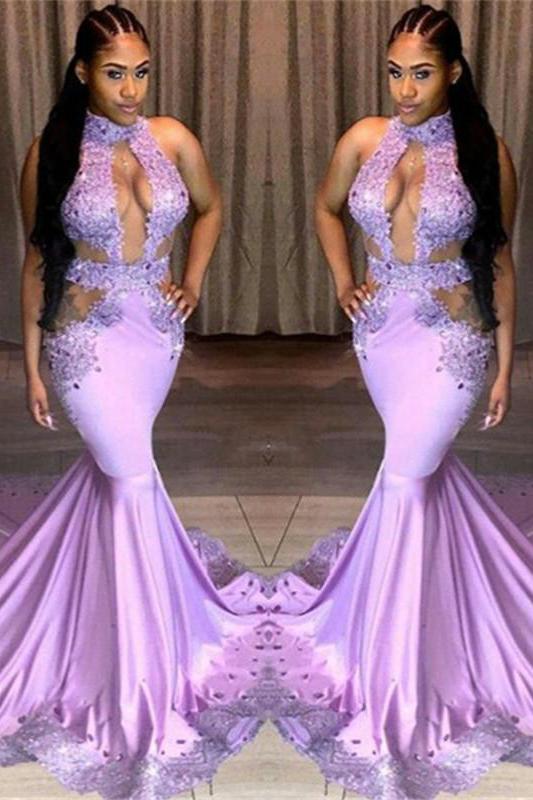 Beautiful Halter Sleeveless Sequins Appliques Lace Mermaid Prom Dresses