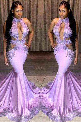 Beautiful Halter Sleeveless Sequins Appliques Lace Mermaid Prom Dresses