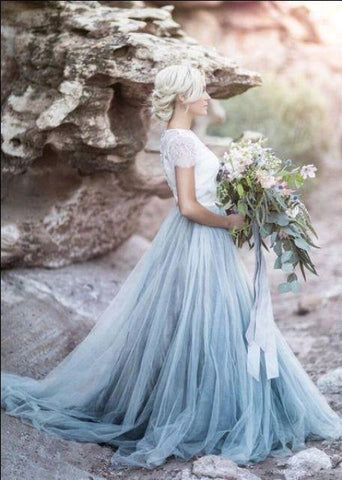 Precioso vestido de fiesta de manga corta con corpiño de encaje, corte en A, estilo vestido de novia WD409