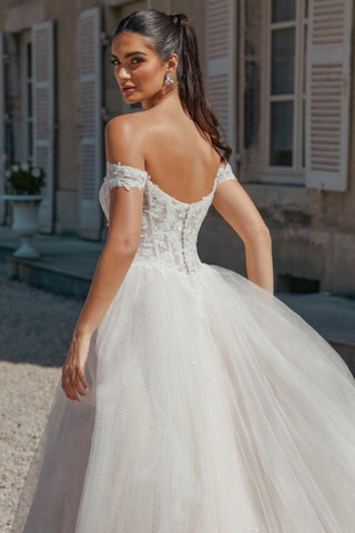 Precioso vestido de novia largo de corte A con hombros descubiertos, apliques de tul y vestido de novia