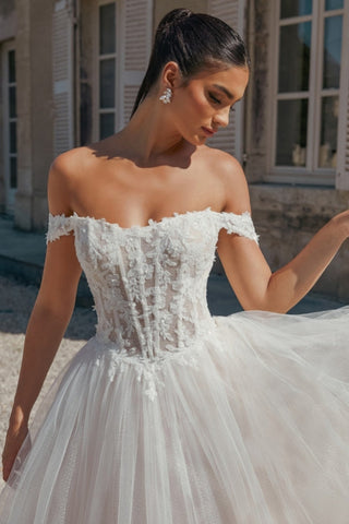 Precioso vestido de novia largo de corte A con hombros descubiertos, apliques de tul y vestido de novia