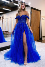 Beautiful Long A-line Off-the-shoulder Lace Prom Dress With Slit