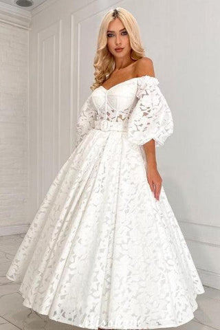 Precioso vestido de novia largo de encaje, corte en A, hombros descubiertos y mangas largas