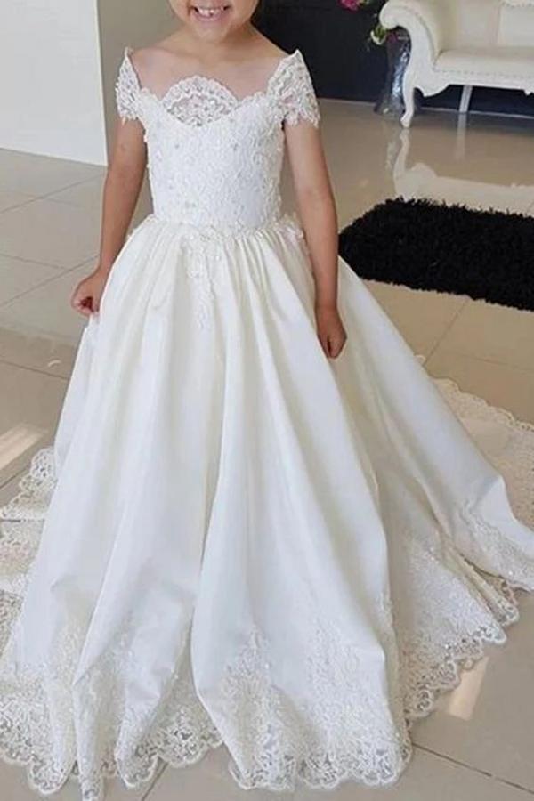 Precioso vestido largo de satén y encaje para niña de las flores, corte en A, con cuentas.